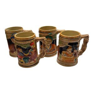 Vintage Japanese Relief Beer Mugs Set of 4 Hand Painted Stoneware Tavern Scene